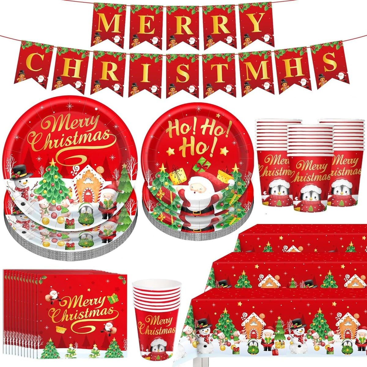 KAHEIGN 102Pcs Christmas Party Paper Tableware Set, 25 x 9 Inch Dinner Plates, 25 x 7 Inch Salad Plates, 25 x 270ml Cups, 25 x Napkins, 1 x Table