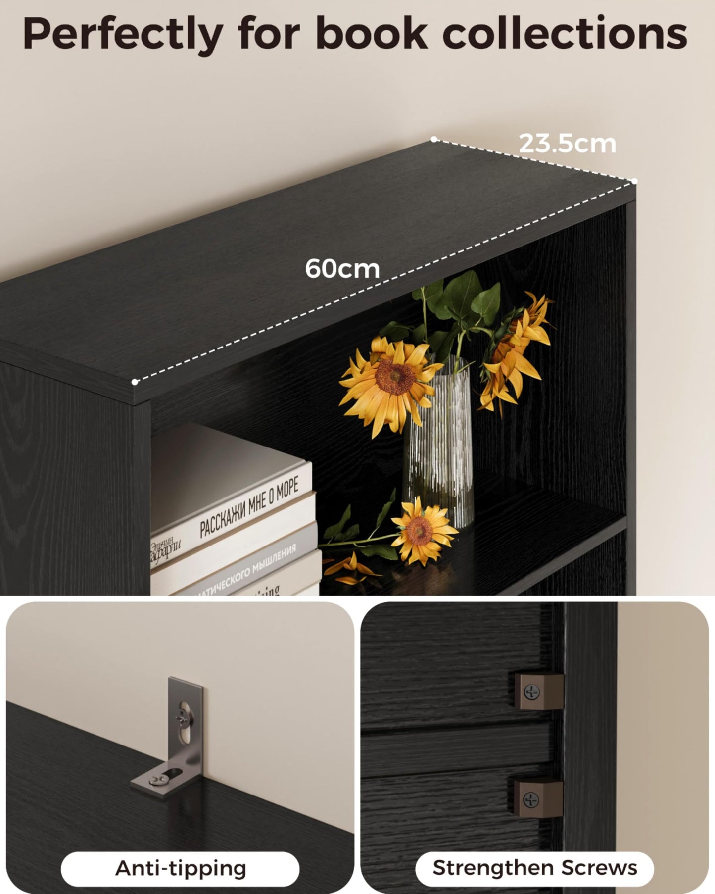 IRONCK Bookcase, Bookshelf with Doors, 6 Tier Tall Book Shelf, Shelving Unit, 60x23.5x180cm Free Standing Display Shelf for Living Room, Home Office