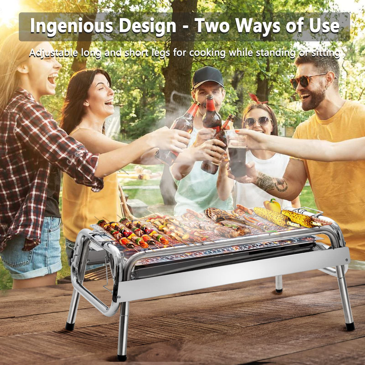 Uten Barbecue Grill, 430 Rustproof Stainless Steel Barbecue Grill, Two Heights Adjustable, Outdoor Charcoal BBQ for 5-10 Persons Family Picnic Garden