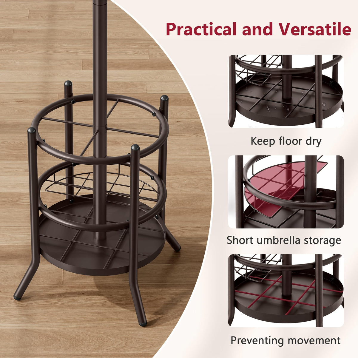 Tajsoon Coat Rack with Umbrella Stand, Coat Tree With 16 Hooks, Brown