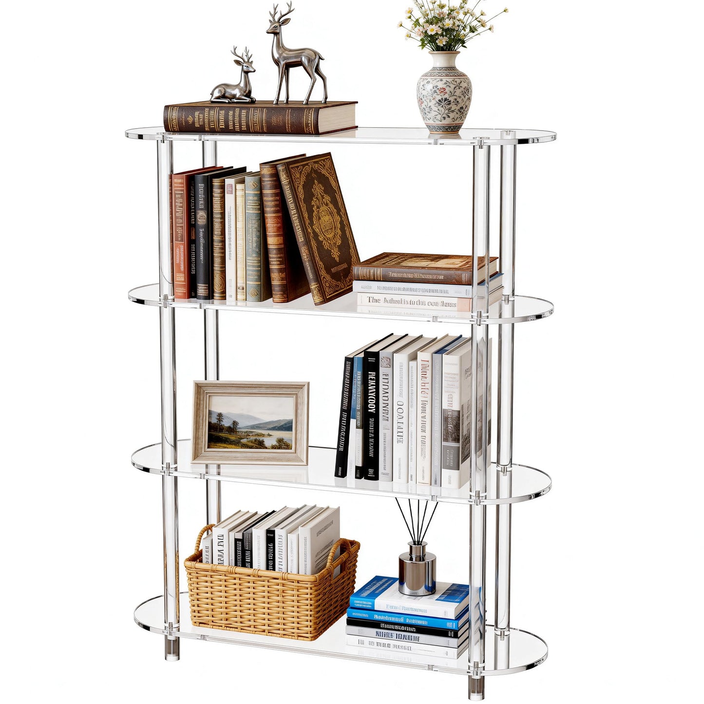 Clear Acrylic Bookshelf Bookcase, Narrow Oval, 4 Tier, 80 x 24 x 102 cm