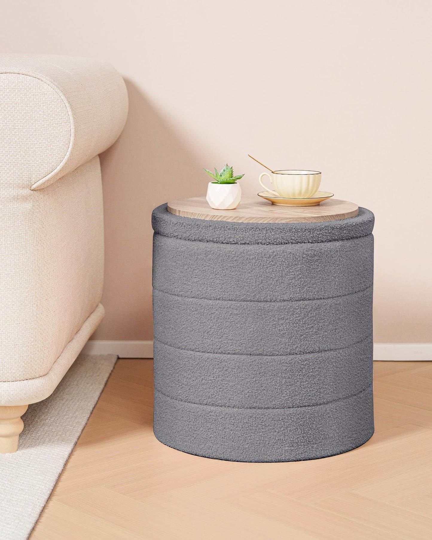 Bonlife Boucle Ottoman Storage, Foot Rest Stool Seat, Folding Footstool for Living Room, Sherpa Ottoman for Bedroom, Grey, 43x43x45 cm