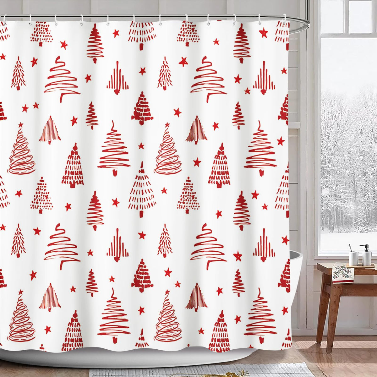 AIBIIN Christmas Shower Curtain Red Xmas Tree Stars Bath Curtains New Year Holiday Decor for Bathroom Durable Polyester Material with 12 Hooks