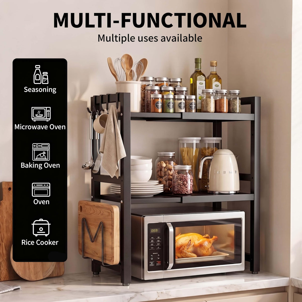 Kiseely Expandable Microwave Shelf, Shelf Stand Extendable for Kitchen Countertop, Oven Rack with 6 Hooks, Kitchen Countertop Organiser Shelves