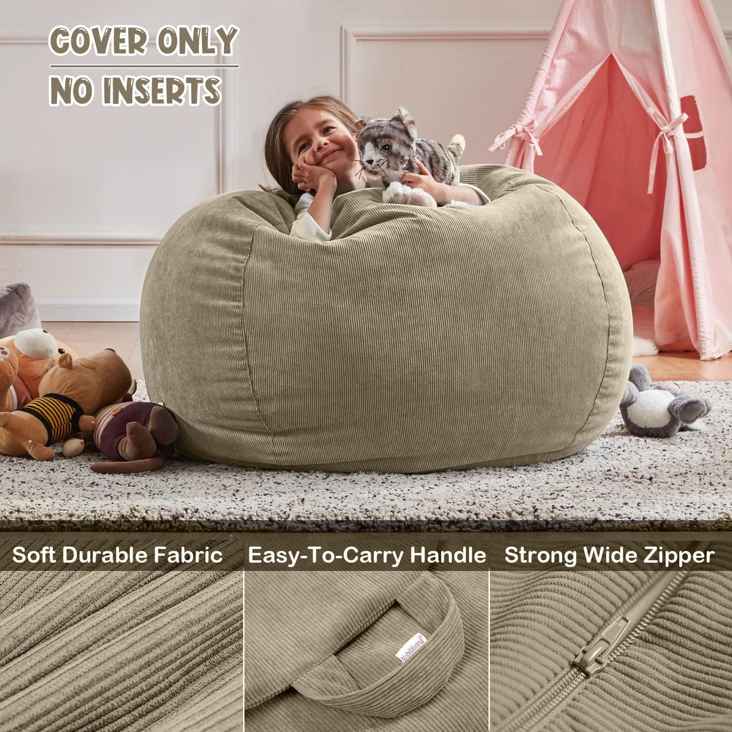 Nobildonna Bean Bag Chair Cover (No Filler) for Kids Beanbag Stuffed Animal Storage Without Filling Plush Toys Holder and Organizer Soft Premium