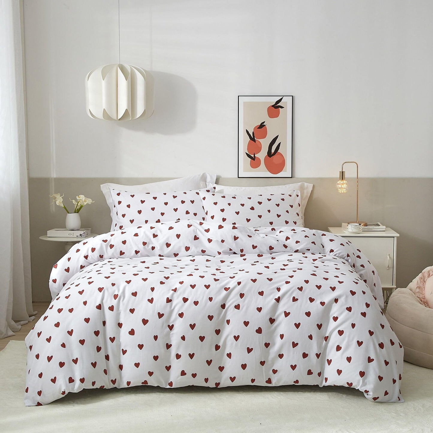 Ruccit Red Heart Duvet Cover Set Double 100% Cotton White Duvet Cover Lovely Heart Pattern 3pcs Modern Bedding Set with Zipper Closure Corner