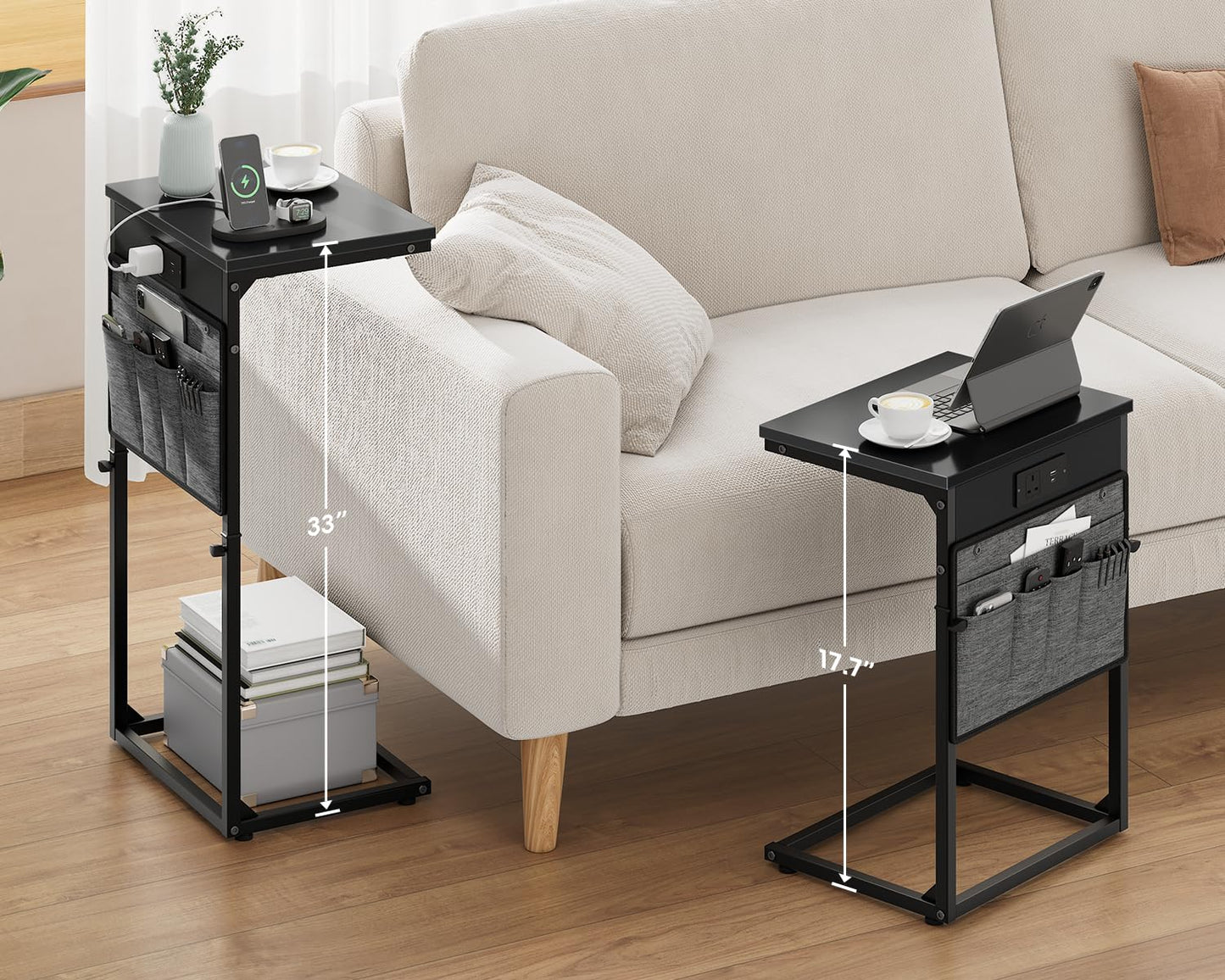 Vagusicc C-Shaped Side Table with Charging Station, Height Adjustable Sofa Side Table, Bedside Table, End Table for Small Spaces