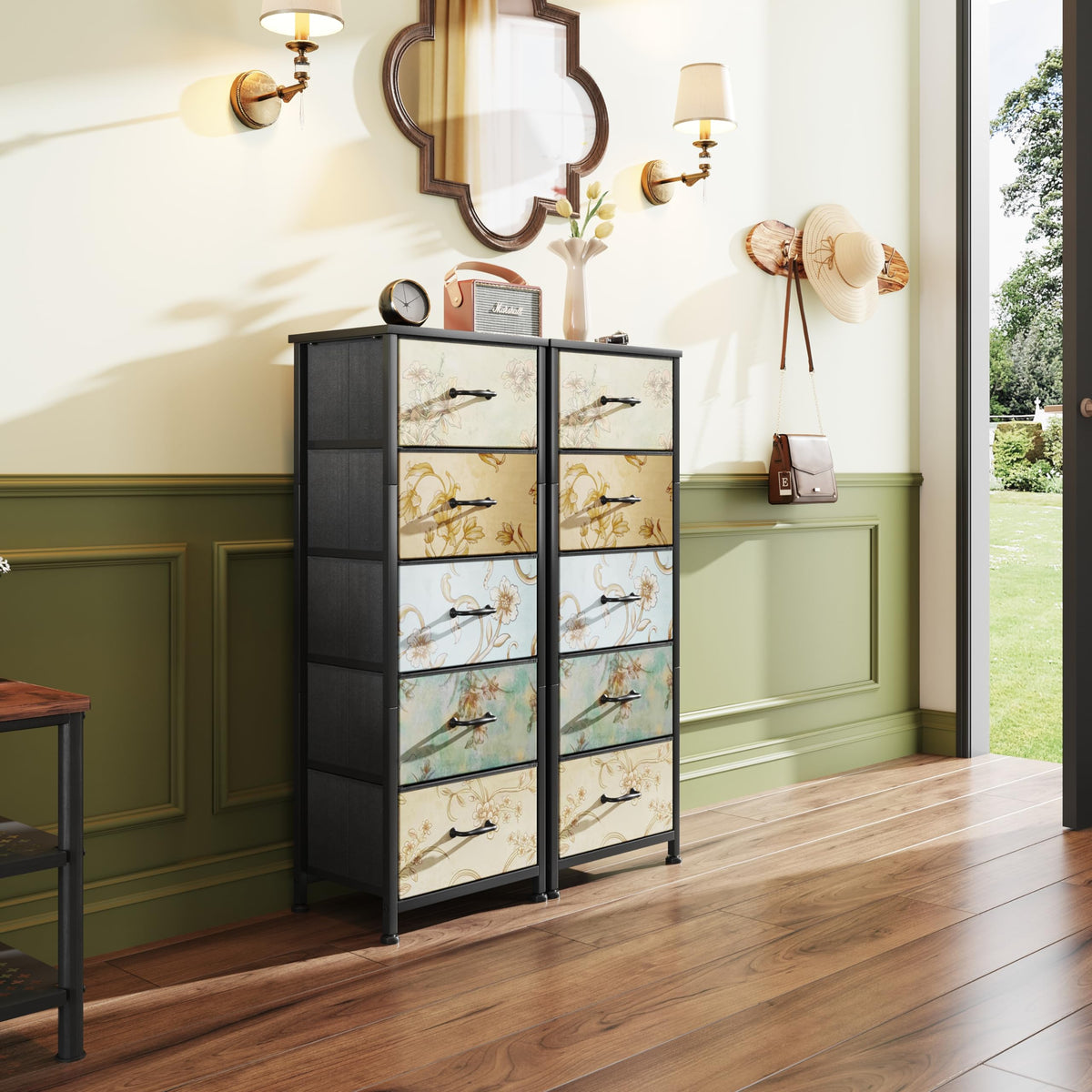 CAIYUN Chest of Drawers Bedroom with 5 Drawers, Tall Fabric Dressers with Flower Printing, Dresser for Entryway Hallway Living Room, Closet Storage