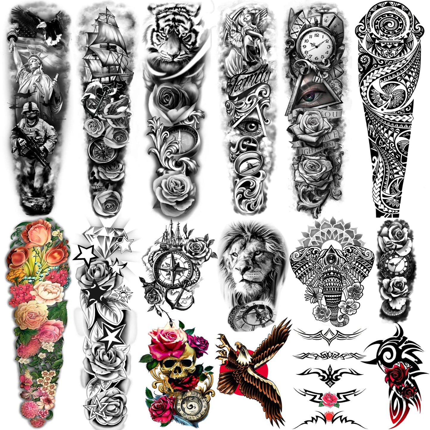 Yazhiji 16 Sheets Extra Large Temporary Tattoos 8 Sheets Full Arm Fake Tattoos and 8 Sheets Half Arm Tattoo Stickers for Men and Women
