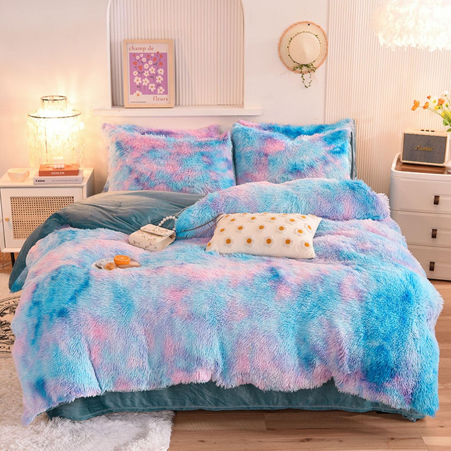 ZIQINPSQ Plush Shaggy Duvet Cover Set,Tie Dye Faux Fur Bedding Set for Teens Girls Soft Velvet Fluffy Fuzzy Comforter Cover Bed Set (Blue, Single)