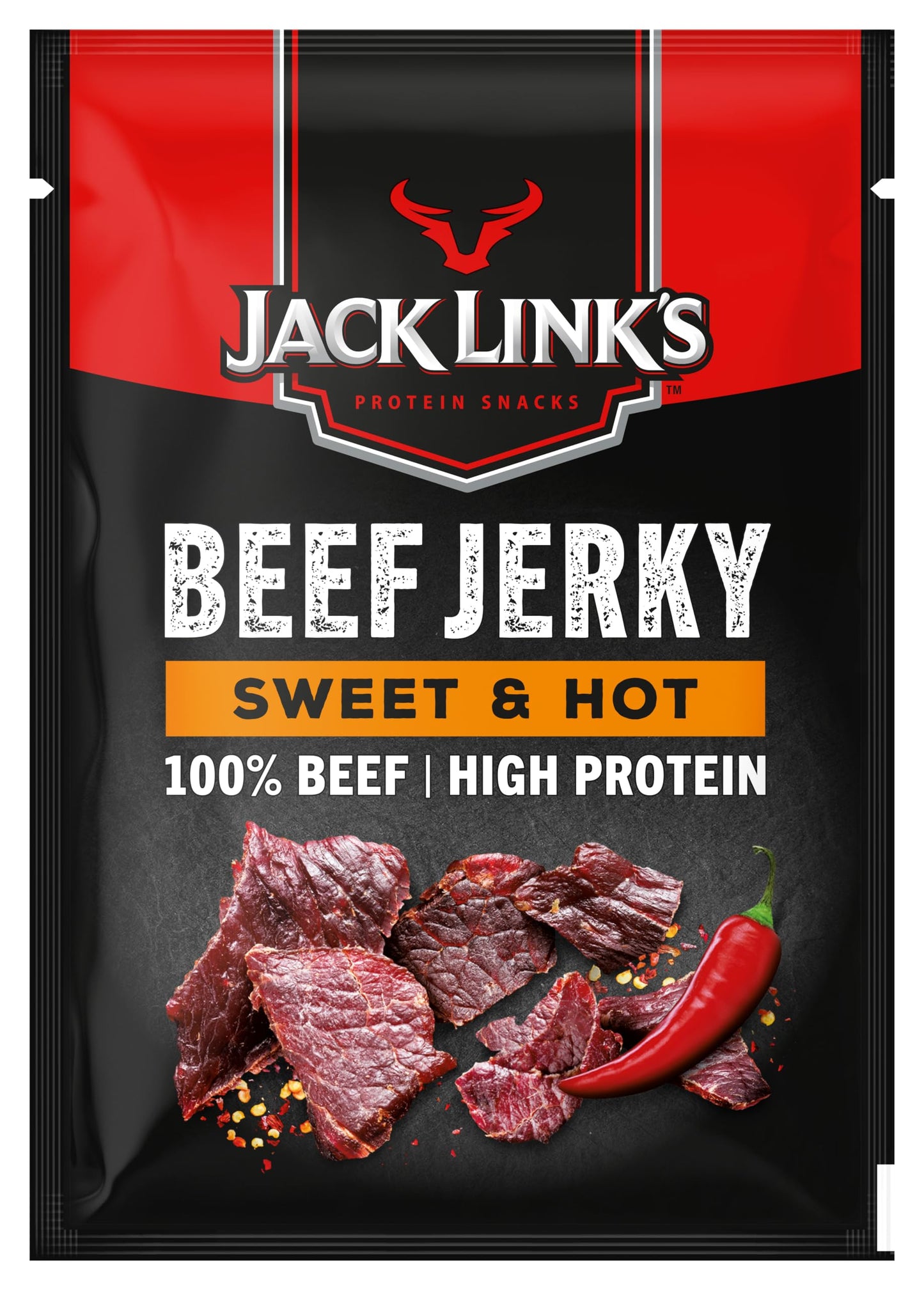 Jack Link's Beef Jerky, Sweet & Hot Flavour, Multipack of 12 x 25g Bags, High Protein Meat Snack, Sweet Seasoning and Hot Spices