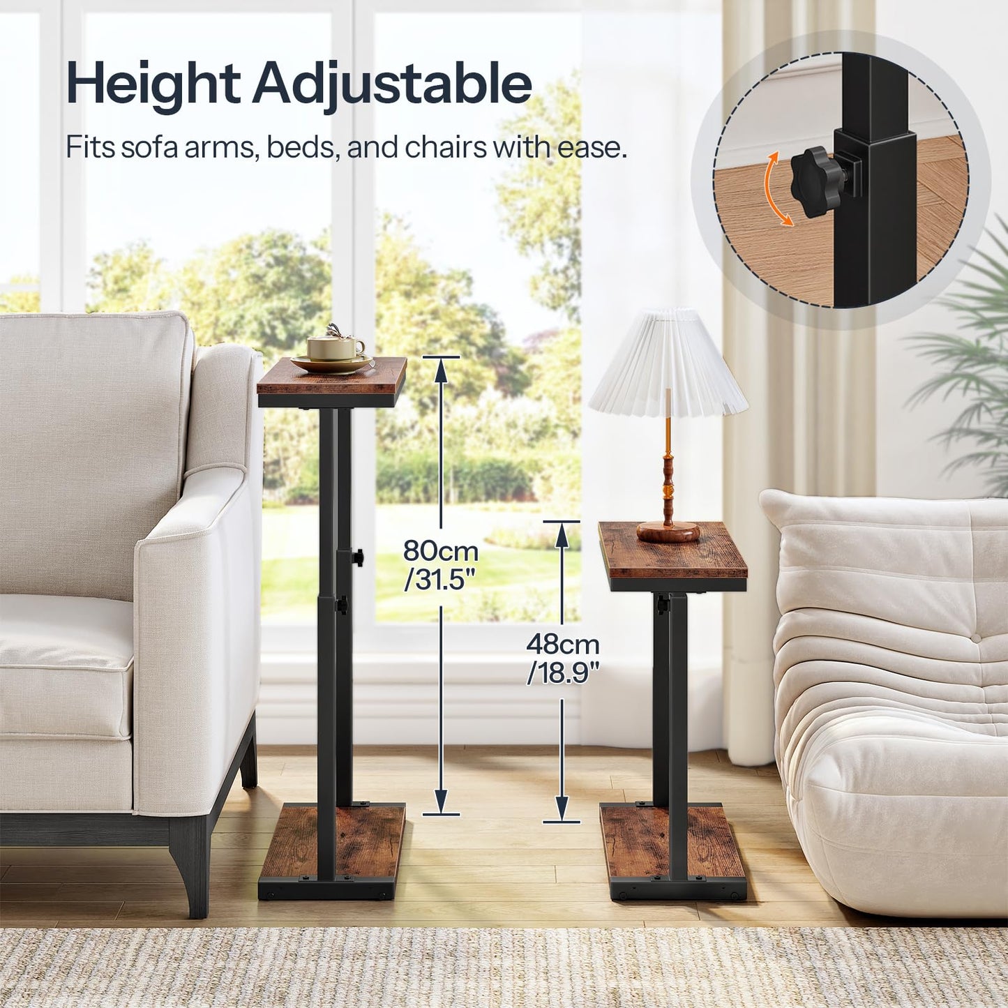 HOOBRO Narrow Side Table, 48-80 cm Height Adjustment, 2-Tier Slim Sofa End Table, Bedside Table, Couch Table for Small Spaces, Living Room, Bedroom