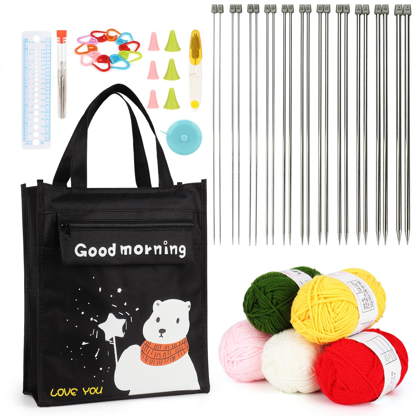 Aeelike Beginner Knitting Kit, Professional Knitting Set with 22pcs 35cm Long Metal Knitting Needles Set, 5x25g Yarns & Basic Knitting Tools, Kids