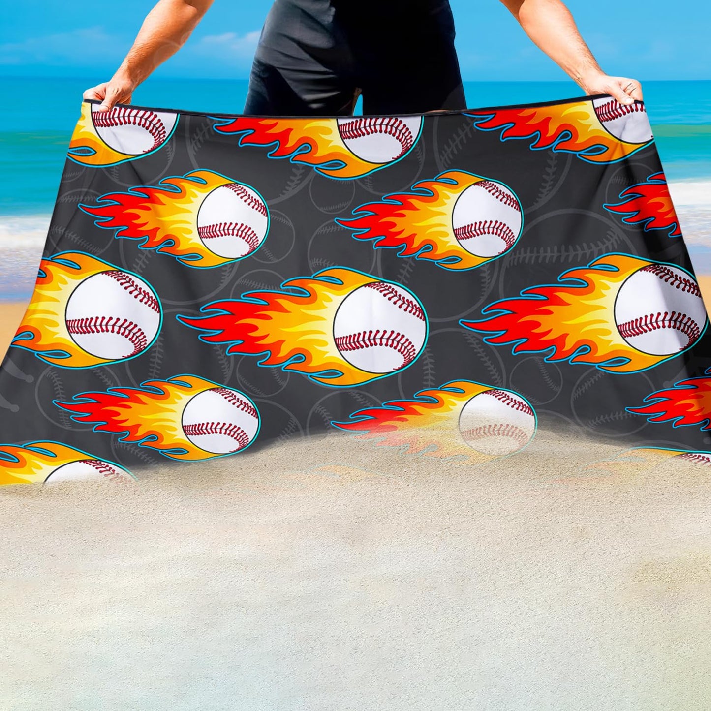 Violetpos Flaming Baseball Beach Towel, Extra Large 180x90 cm 250GSM Microfibre, Sand Free Quick Dry