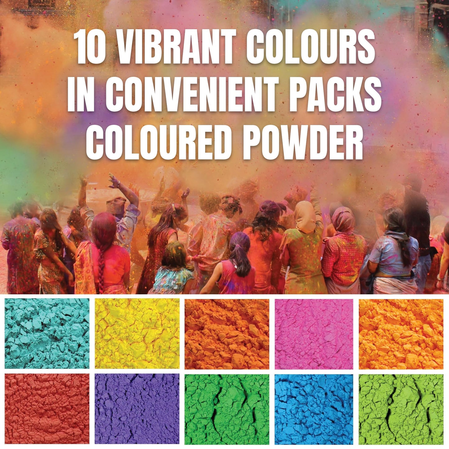 Premium Holi Colours - Holi Giftbox - Holi ke Rang - 100% Natural & Child Safe - Lab Tested Certified - 10 Vibrant Colours & Smooth Texture (500g