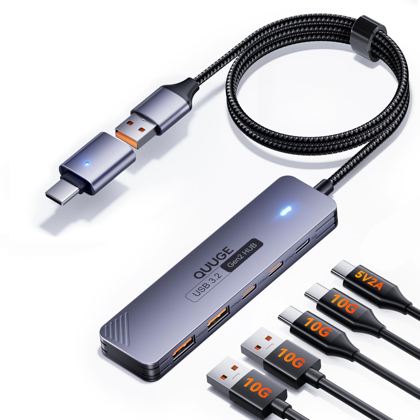 USB 3.2 Hub 10Gbps, QUUGE USB Hub 3.2 Splitter with 2 USB-A & 2 USB-C Data Ports (Only for Data Transfer), 5V2A Power Port, 1.2m Long Cable USB 3.2