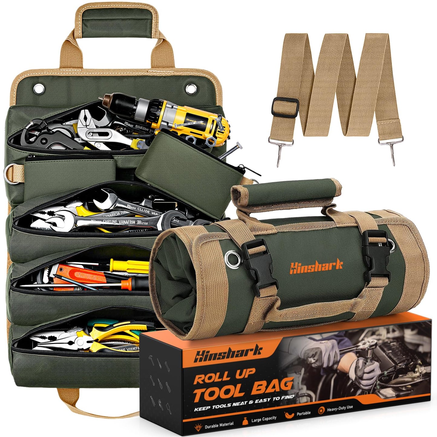 Hinshark Gifts for Men, Heavy Duty Roll Up Tool Bag, Valentines Gifts for Him, Mens Gifts for Dad Birthday Gadgets Tools Gifts for Men Who Have
