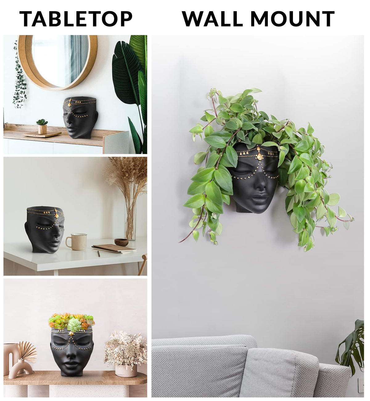 Bossa Linda Head Planter for Flat Surface & Wall Pot Heads for Plants with Wall Hook and Drainage | Unique Tabletop Face Planter Pots for Indoor and
