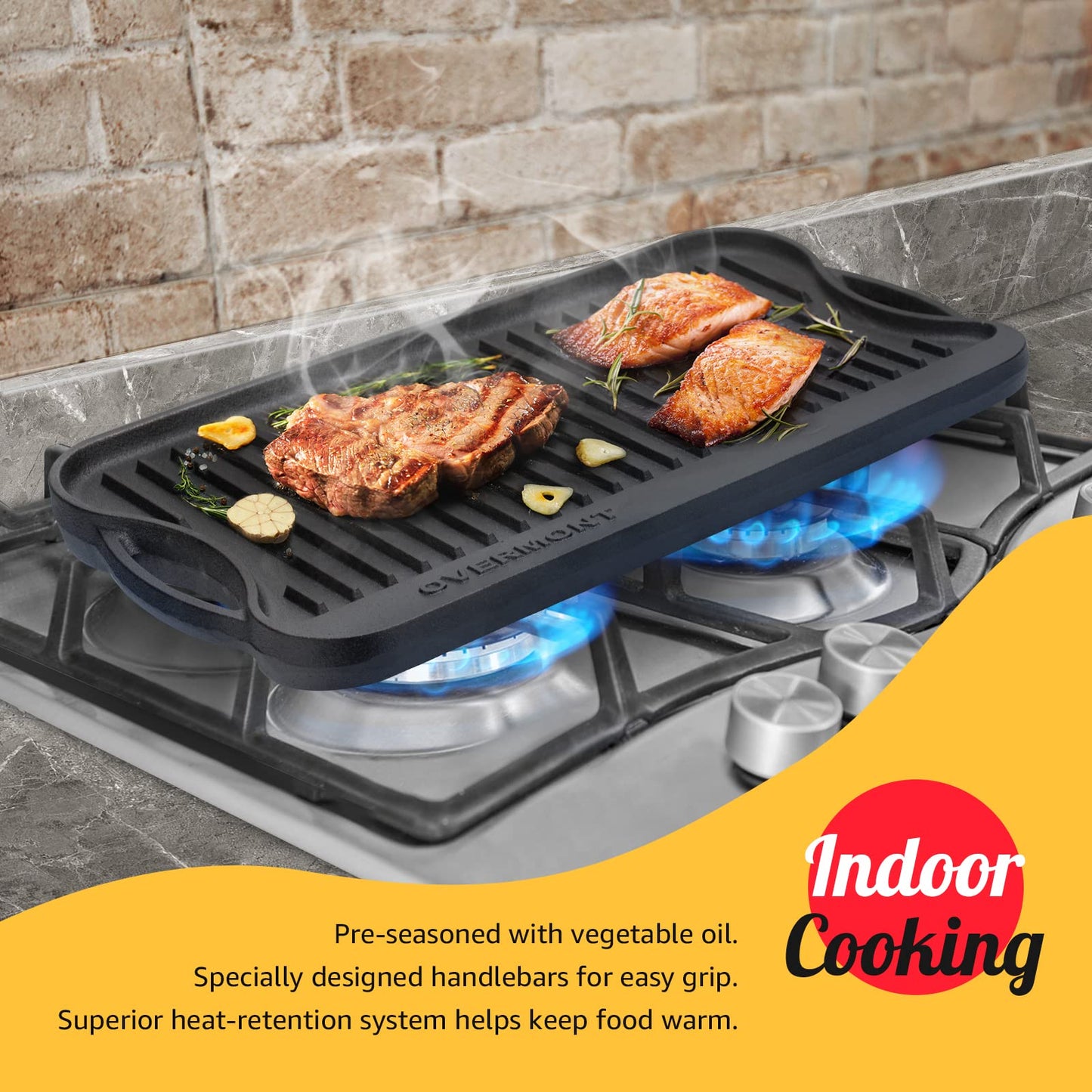 OVERMONT Pre-Seasoned Cast Iron Reversible Griddle Grill Pan with Handles for Gas Stovetop Open Fire Oven, 51.2 * 23.5CM (20x9.2) - One Tray, Scrapers