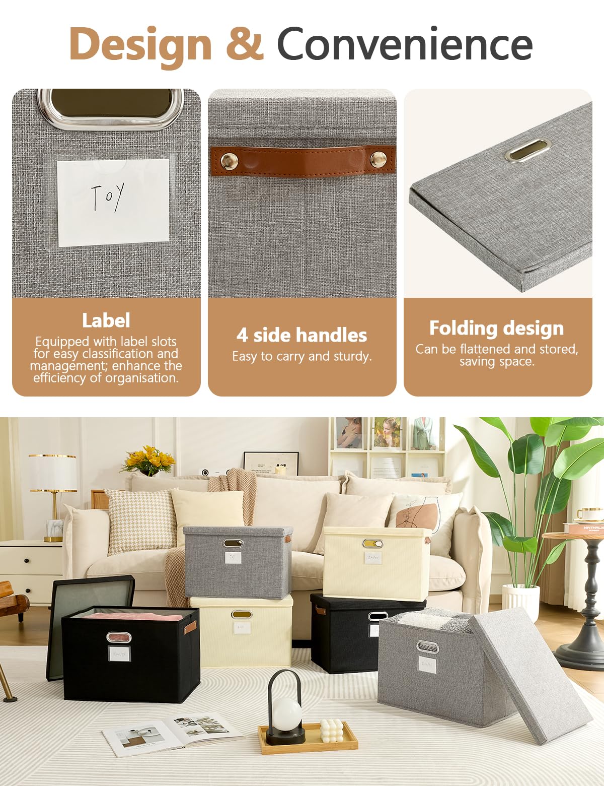 Bagnizer Storage Boxes with Lids 2PCS Foldable Fabric Storage Boxes Large Stackable Storage Baskets for Shelves Storage Box for Clothes Wardrobe Grey