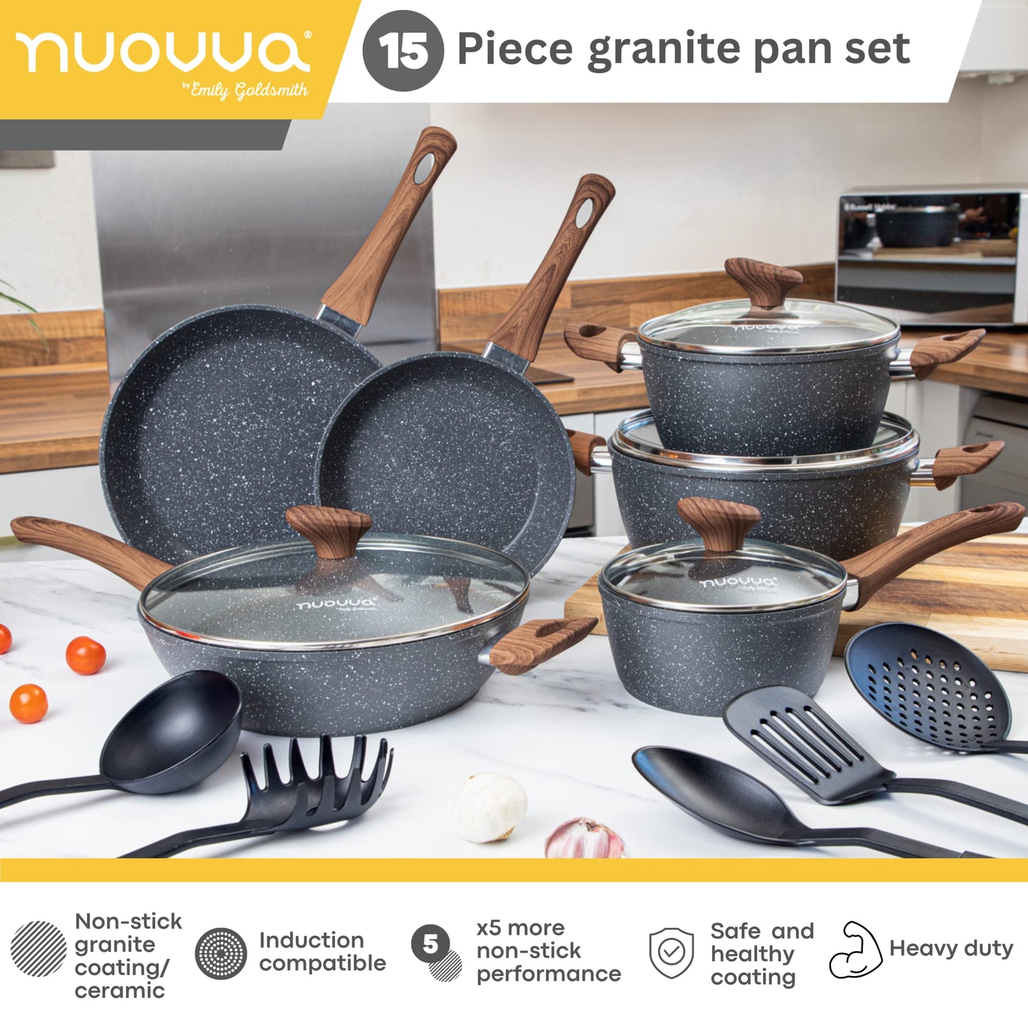 Non Stick Pots and Pans Set  Induction Hob Pots Set  15pcs Kitchen Cookware with Lids  Cooking Marble Saucepan Pots - by Nuovva
