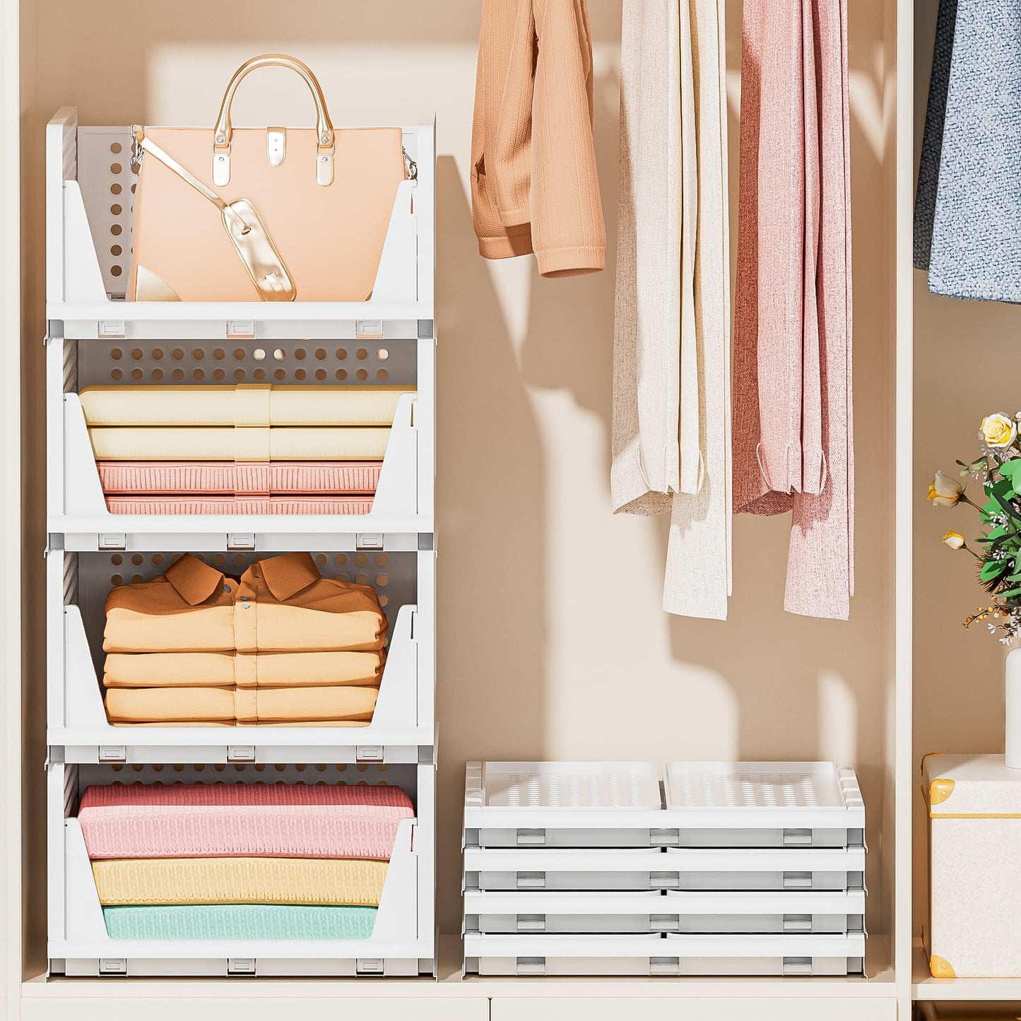 Neprock Wardrobe Storage Organiser - 4 Pack Stackable Storage Drawers for Inside Wardrobe Shelves, Plastic Closet Organiser Drawer