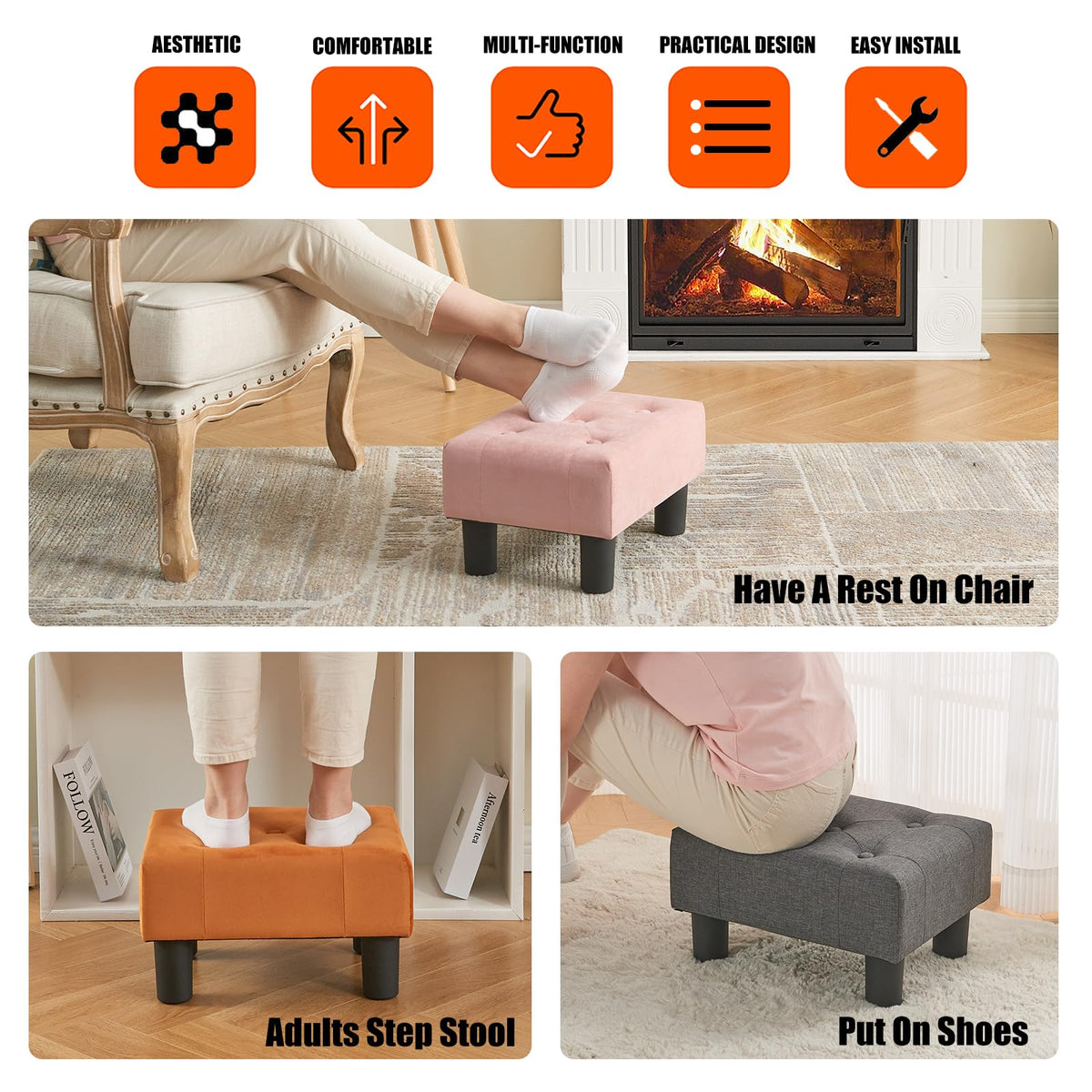 BRIAN & DANY Small Foot Stool, Linen Footstool with Legs, Footstools for Living Room, Ottoman Footrest Extra Seating for Entryway,Grey