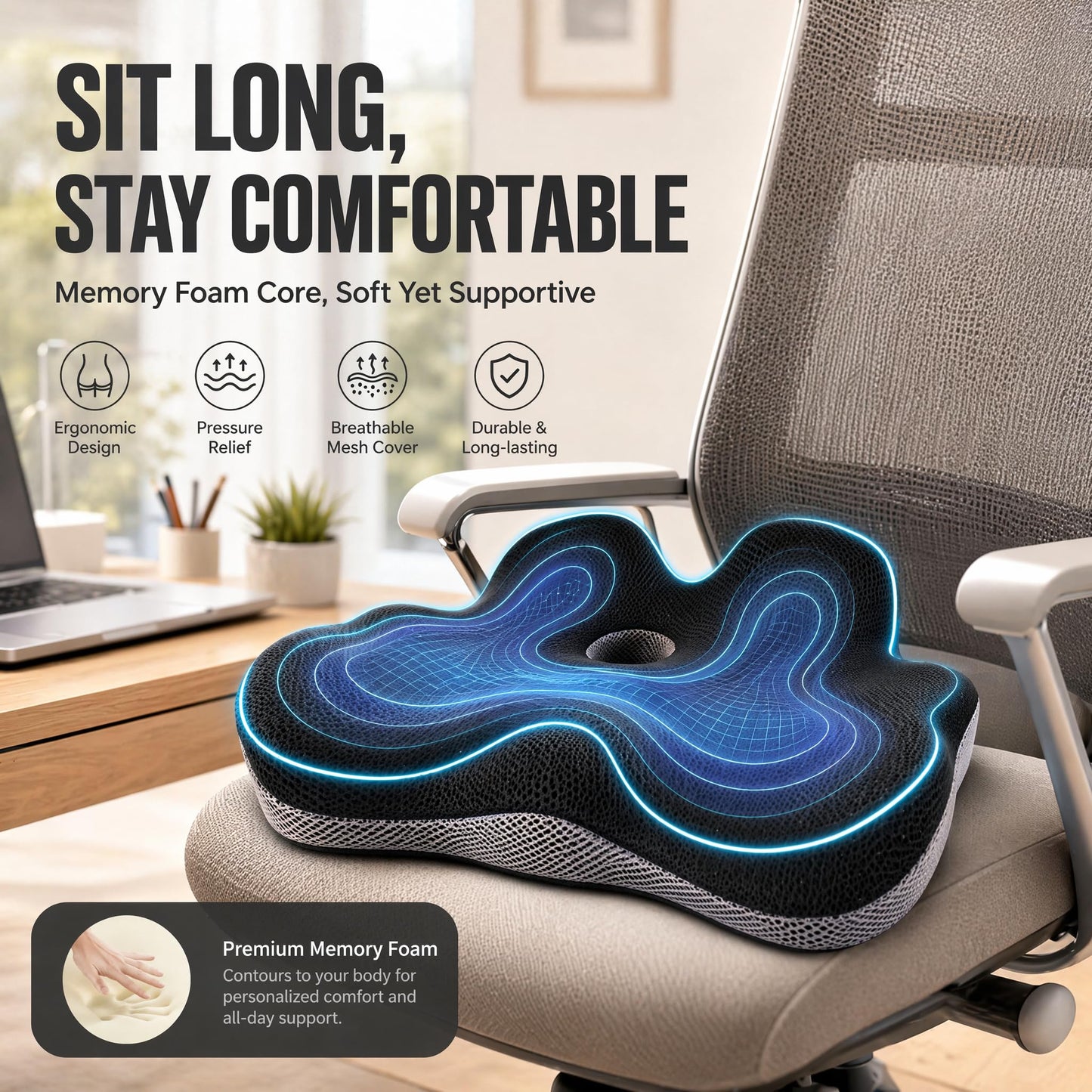 Seat Cushions Extra Large Ergonomic Memory Foam Pad for Office & Car Chairs