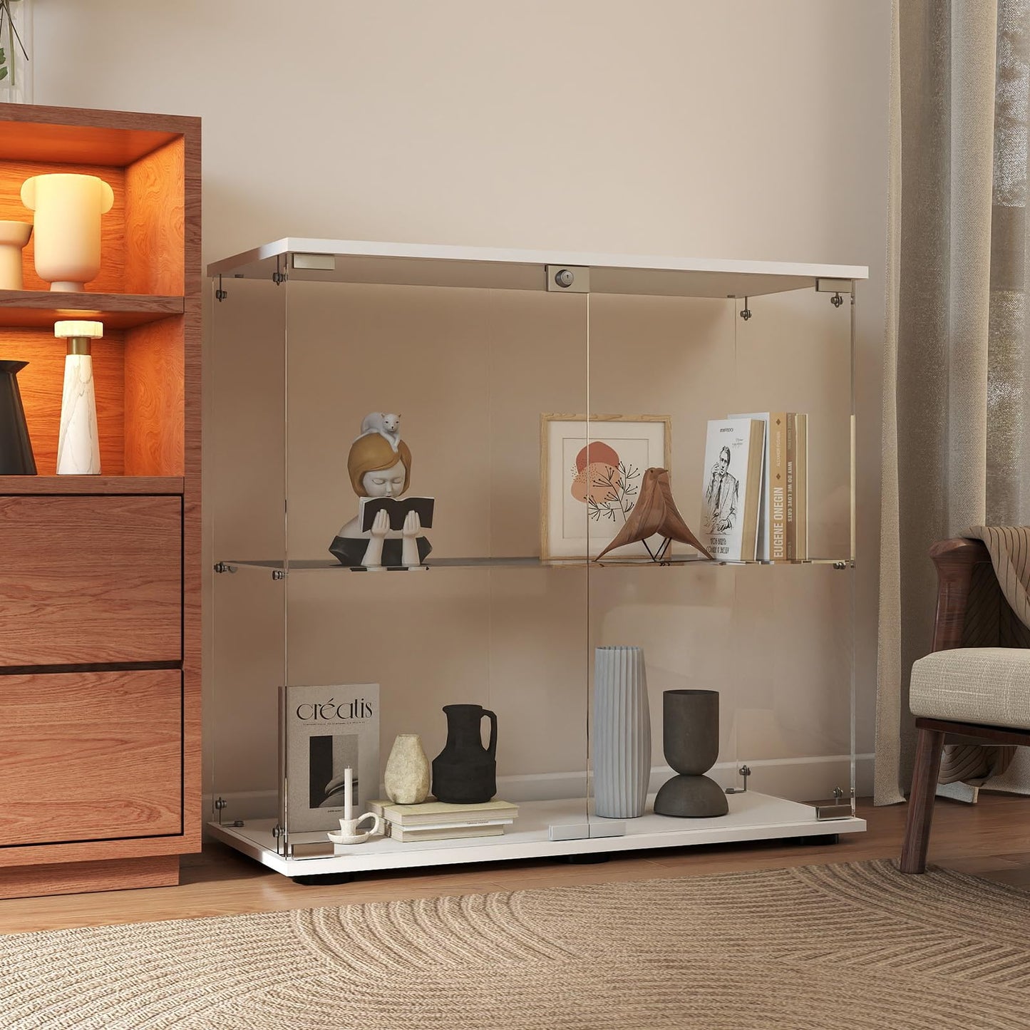 Beauty4U 2-Shelf Double Door Glass Display Cabinet, 83cm Tall, White
