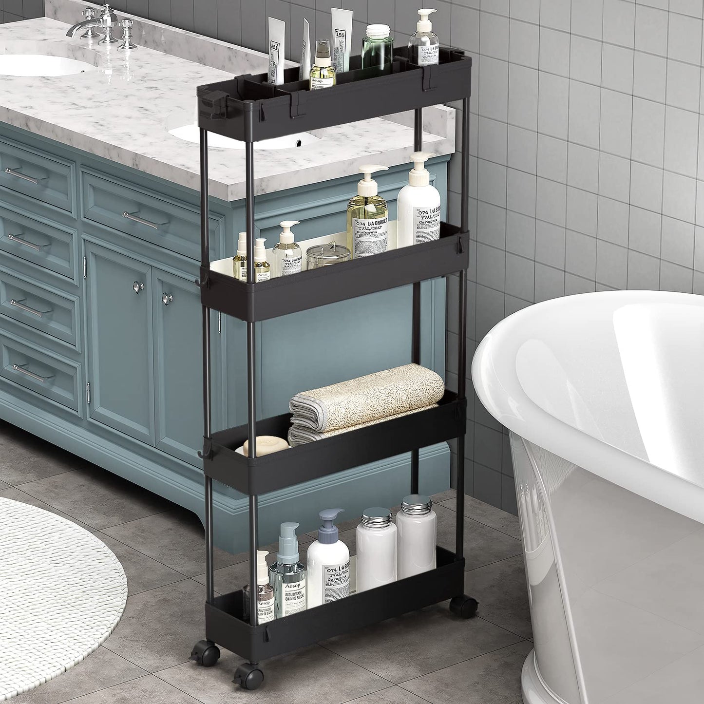 SAKA Slim Storage Cart,4 Tier Bathroom Rolling Utility Cart Storage Organizer Slide Out Cart