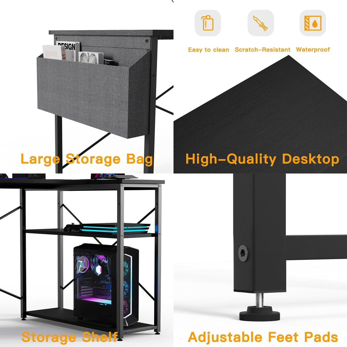 BEXEVUE L Shaped Gaming Desk, 100x70 cm Computer Desk with Storage Bag, Office Desk Small Writing Table with Large Reversible Storage Shelves,
