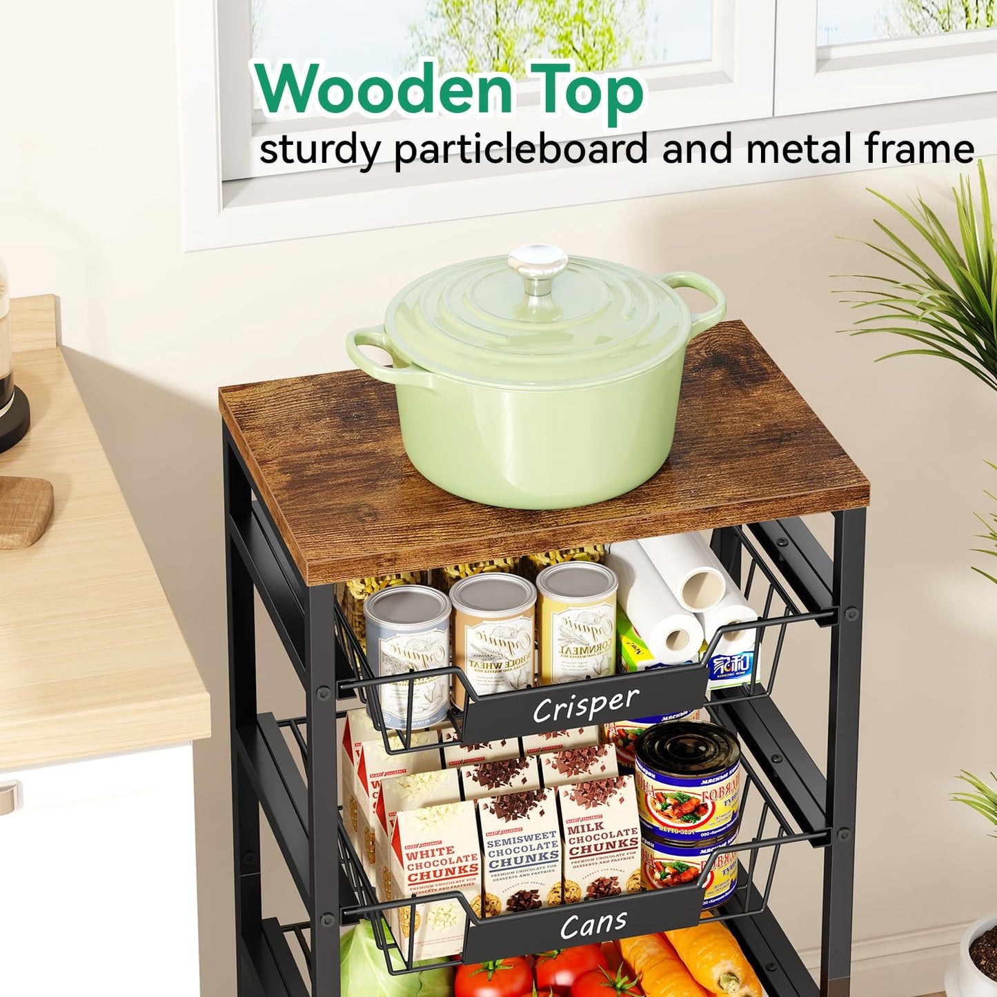 IBUYKE Kitchen Fruit Vegetable Storage Cart with Drawers,Metal Rolling Utility Cart with Fruit Basket and Wooden Top,Rolling Snack Kitchen Cart for