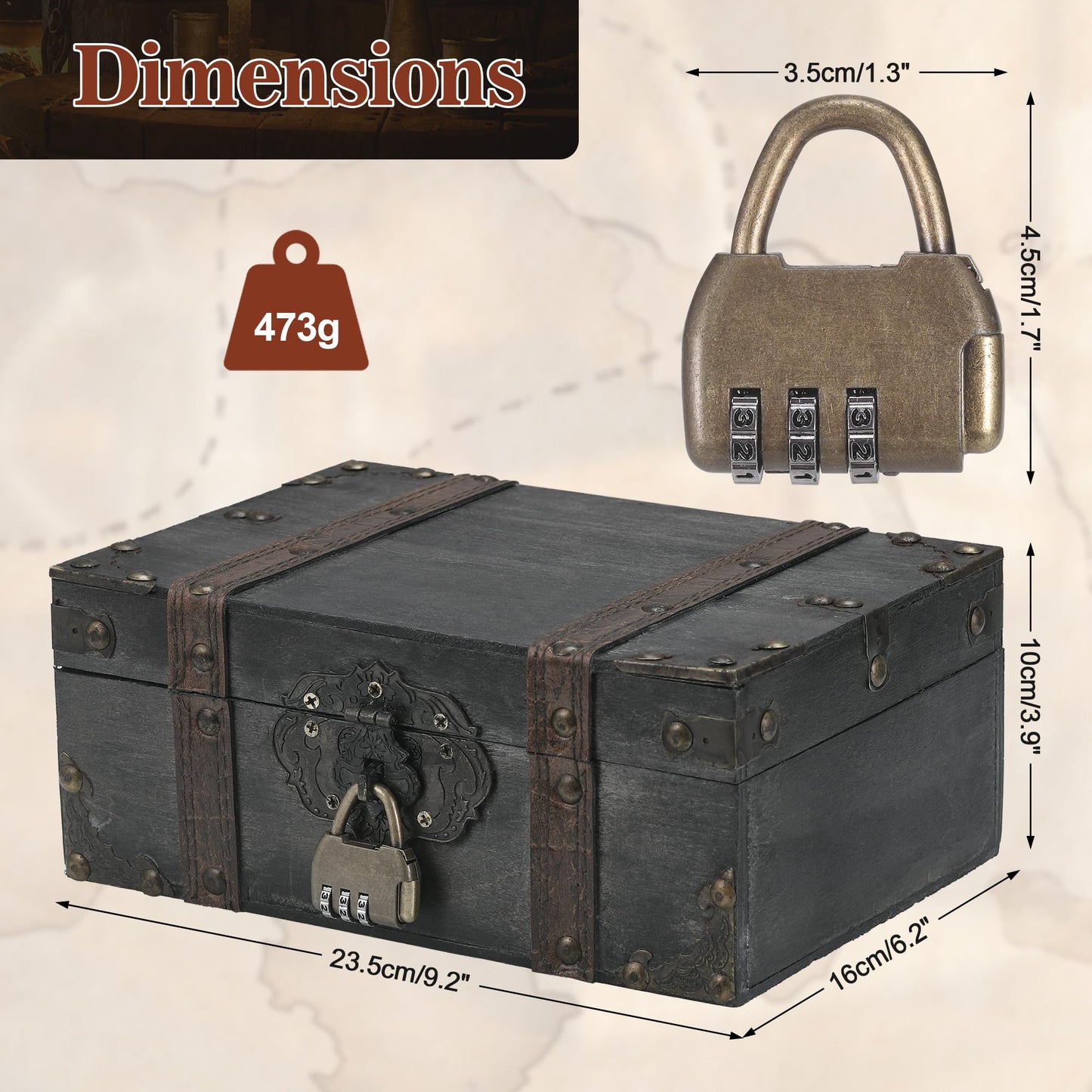 Pirate Treasure Chest, Wooden Treasure Chest with Lock, 23.5x16x10cm