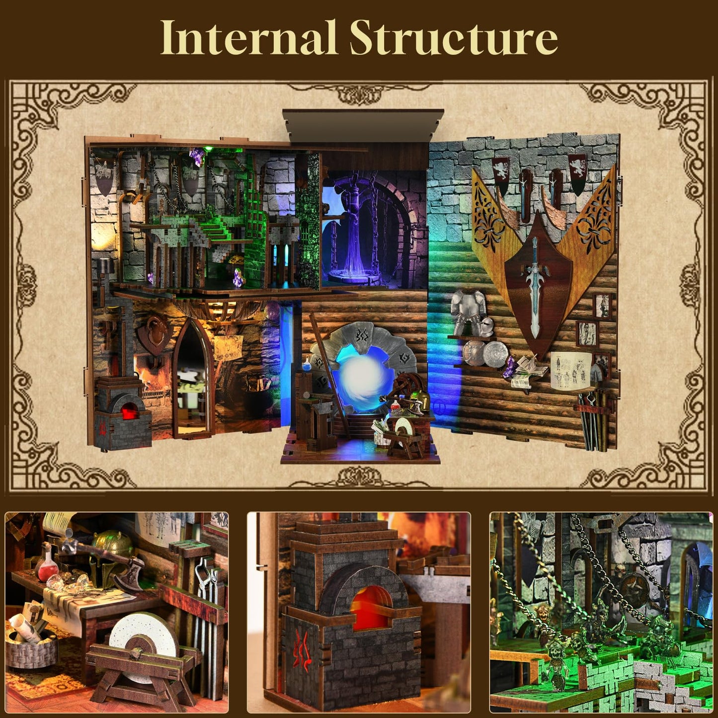 MiniCity Book Nook Kit, DIY Miniature Dollhouse Booknook Kit, 3D Wooden Puzzle Bookend Bookshelf Insert Decor with LED Light for Teens and Adults