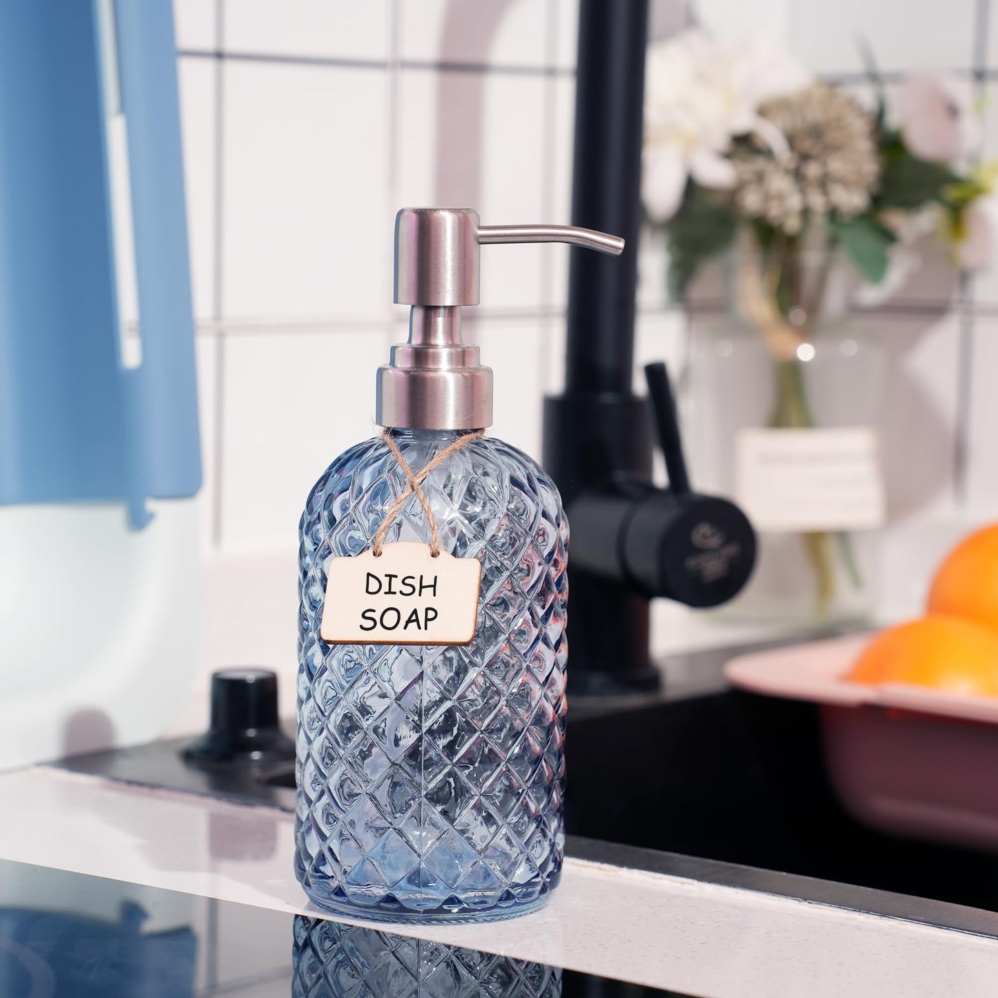 Funly mee Bathroom & Kitchen Glass Hand and Dish Soap Dispenser with 304 Rustproof Stainless Steel Pump (Blue)