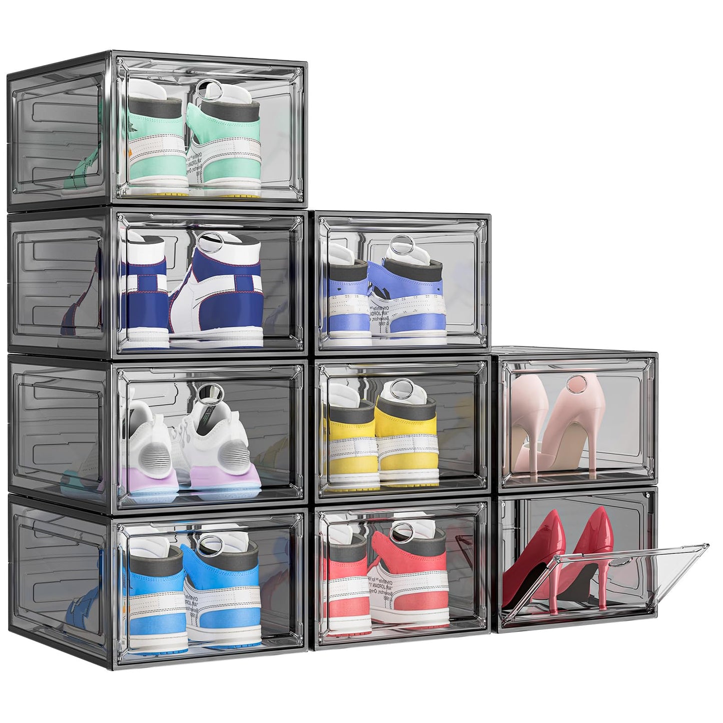 TidyTrove Shoe Storage Box, 9 Pcs Shoe Box Clear Plastic Stackable, Sturdy Foldable Shoe Organizer Containers with Magnetic Door for Women/Men, Black