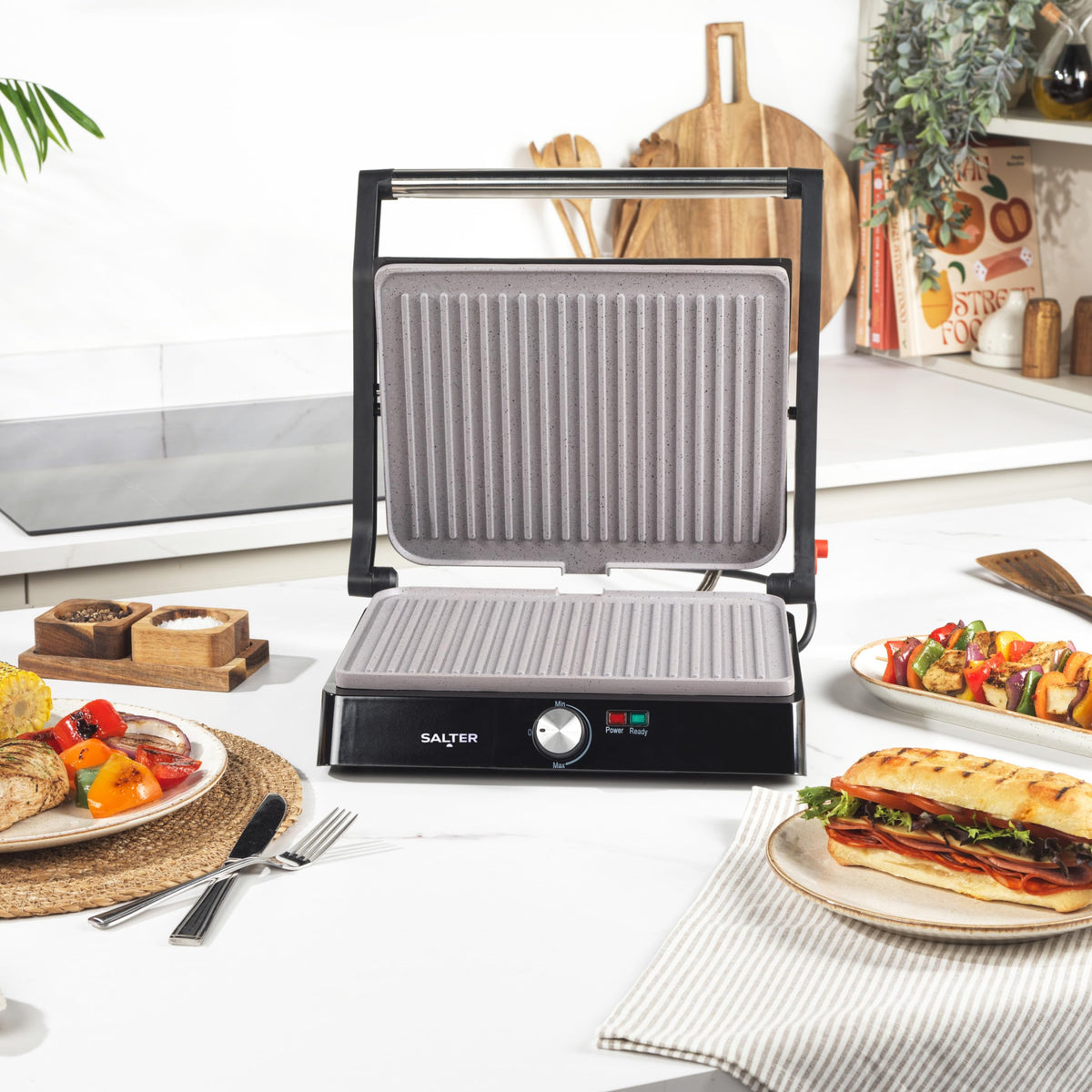 Salter Marblestone Health Grill  Electric Fold-Out Grill & Panini Maker, Non-Stick XL Plates 29 x 23cm, Opens Flat To 180, Adjustable Temperature