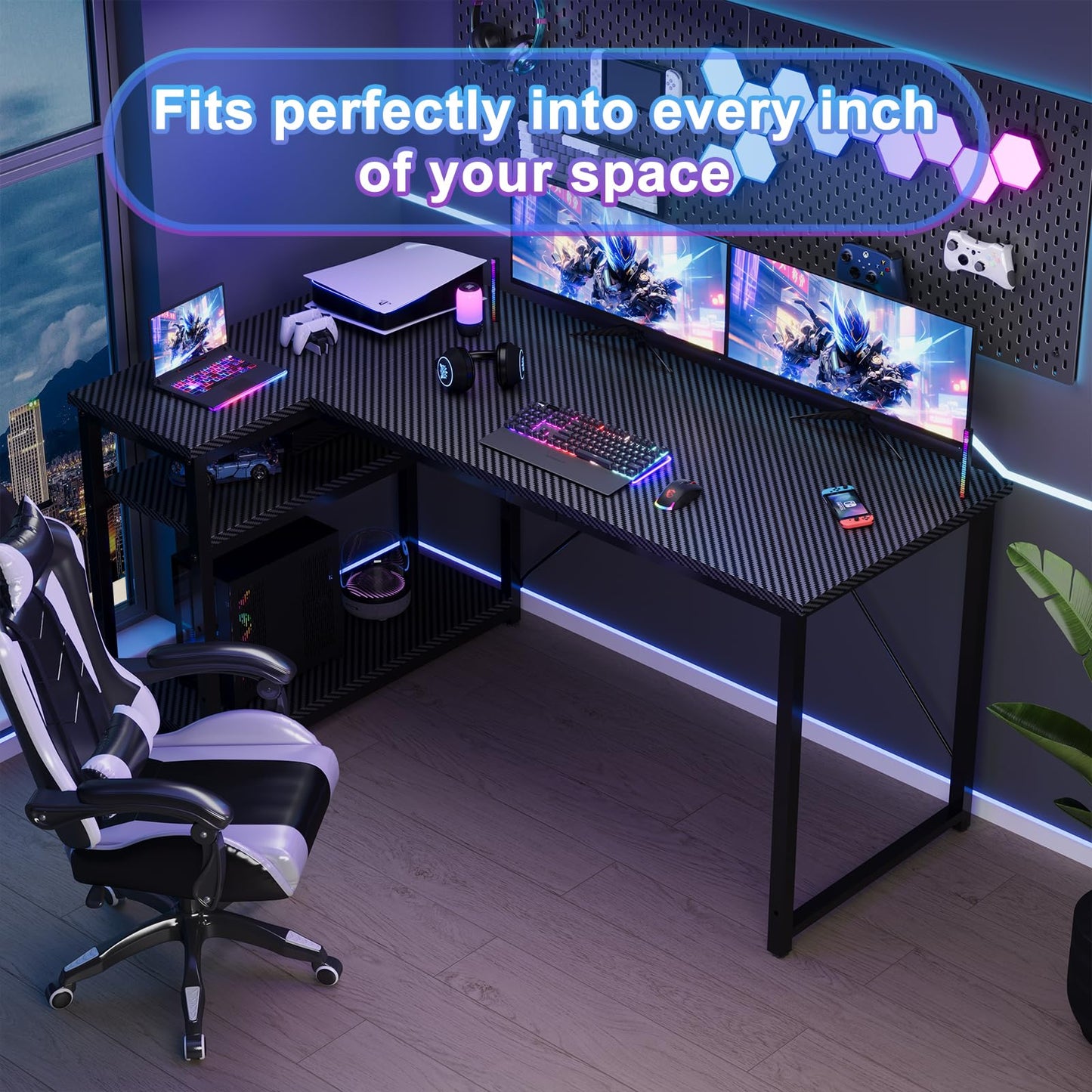 JUMMICO Small L Shaped Desk 100x80cm with Storage, Corner Computer Desk with Reversible Shelf, Sturdy Office Desk & Workstations for Home Office