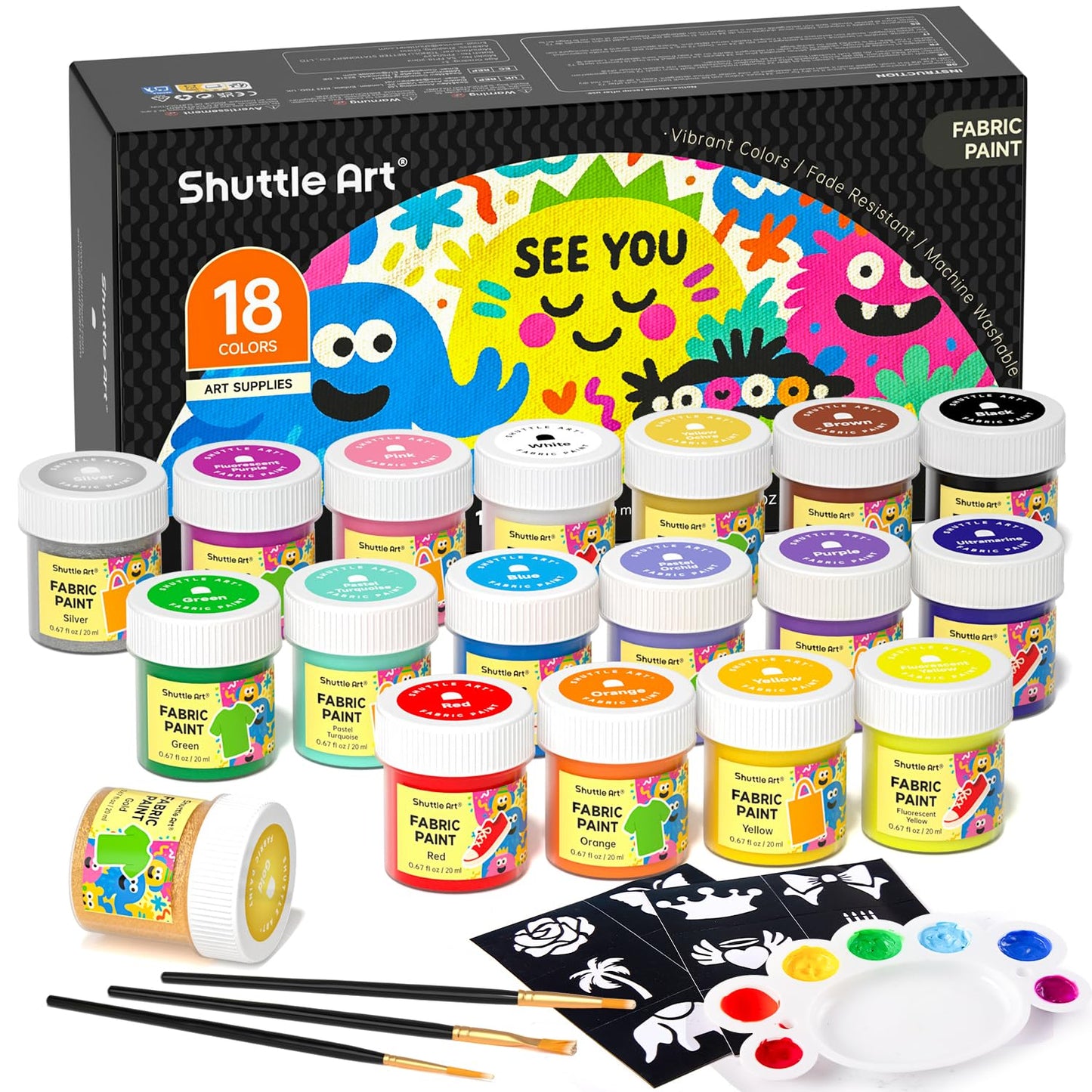 Shuttle Art Fabric Paint Permanent for Clothes, 18 Colours Fabric Paints Set (20ml/Bottles) with Brushes, Palette, Stencils, Non-Toxic Waterproof