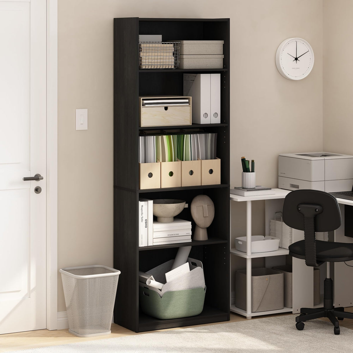 Furinno GEHRY Book Shelf, 5-Tier Bookshelf, Bookcase with Adjustable Shelves, 11.6 x 24.8 x 71.4, for Living Room, Bedroom, Home Office, Blackwood