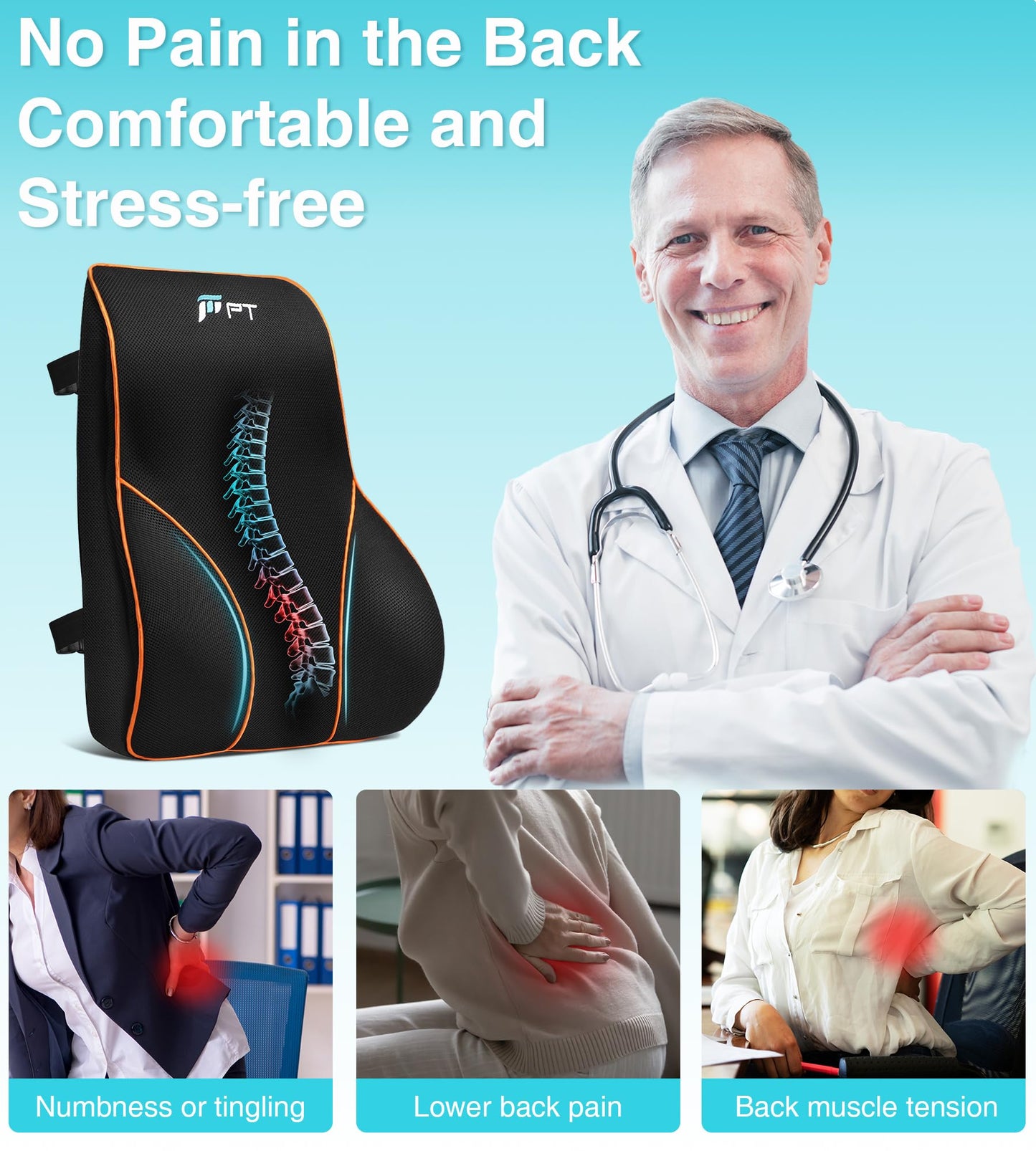 POOTACK Lumbar Support Cushion  Ergonomic Memory Foam Back Pillow for Pain Relief, Lumbar Support for Office Chair, Car Seat, Gaming Chair & Recliner