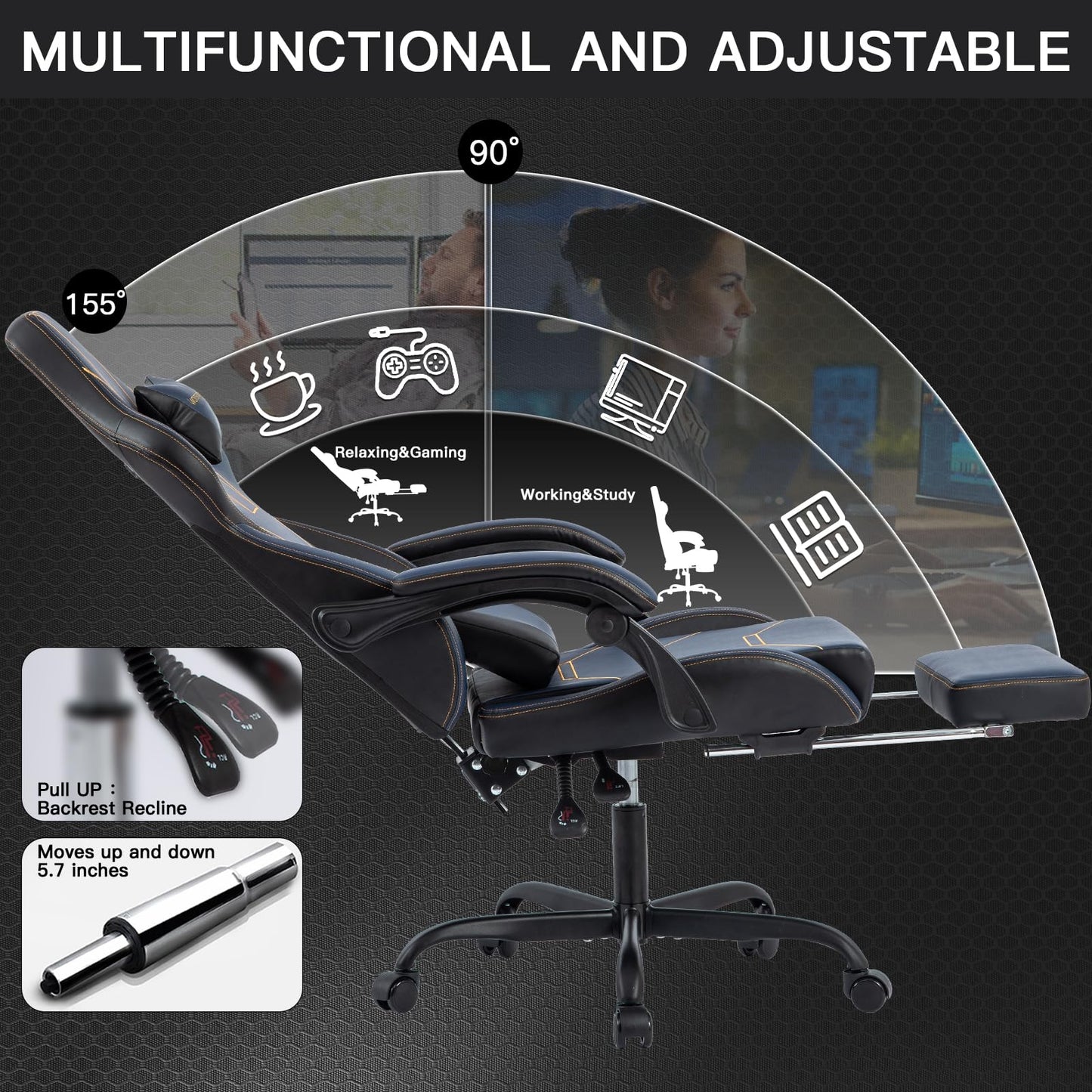 WOTSTA Gaming Chair, Ergonomic Gaming Chair, Computer Chair with Headrest and Lumbar, Racing Computer Chairs, Height Adjustable Rotating PC Chairs