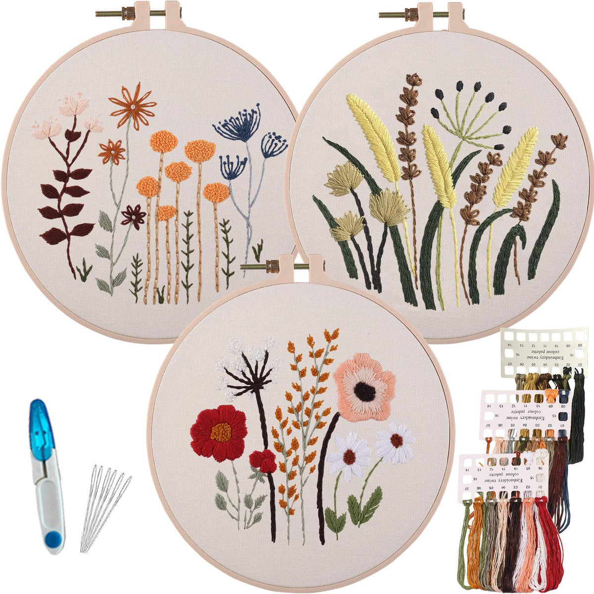 Myfelicity 3 Sets of Beginner Embroidery Kits, Embroidery Starter Kits, Adult Women?s Hobbies, Including Cloth with Floral Patterns, Colored Threads,