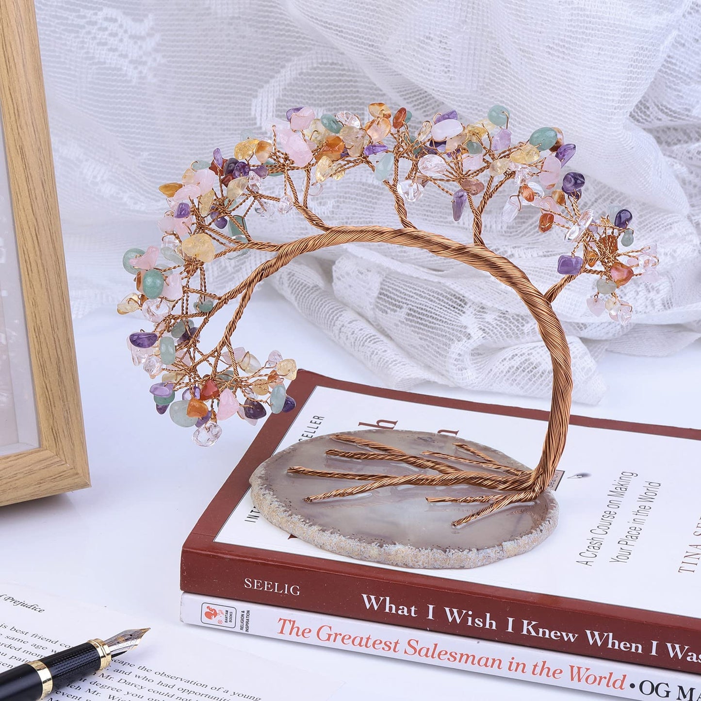 Nupuyai 7 Chakra Crystal Tree with Agate Slice Base, Money Tree Figurines Fengshui Ornament for Home Office Wedding Decoration