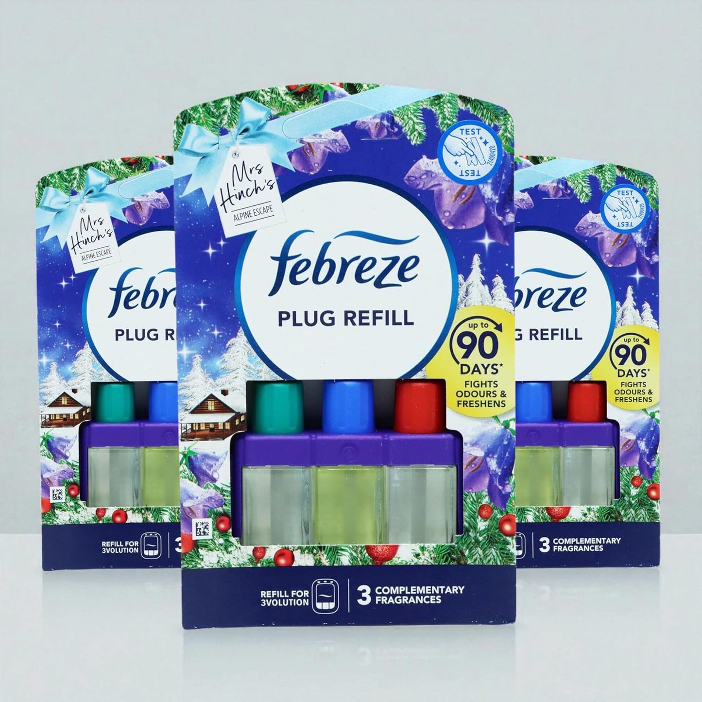 Febreze Plug-In Refill Mrs Hinch’s Alpine Escape 20ml x 3. New but scruffy packaging.