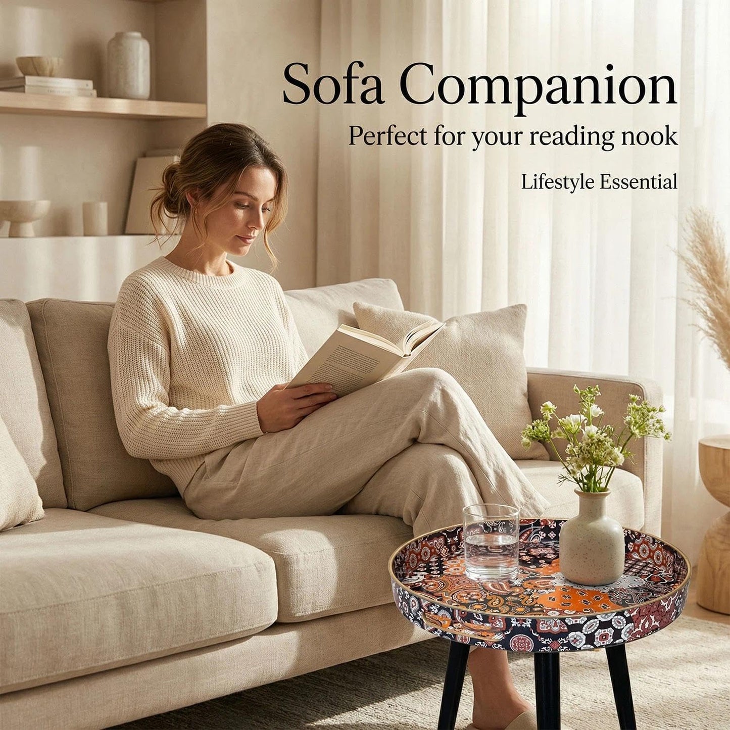 Simmer Stone Round Indoor Side Tables with Detachable Wooden 3 Legs, Versatile Tray Table, Perfect For Round Coffee Table Tea