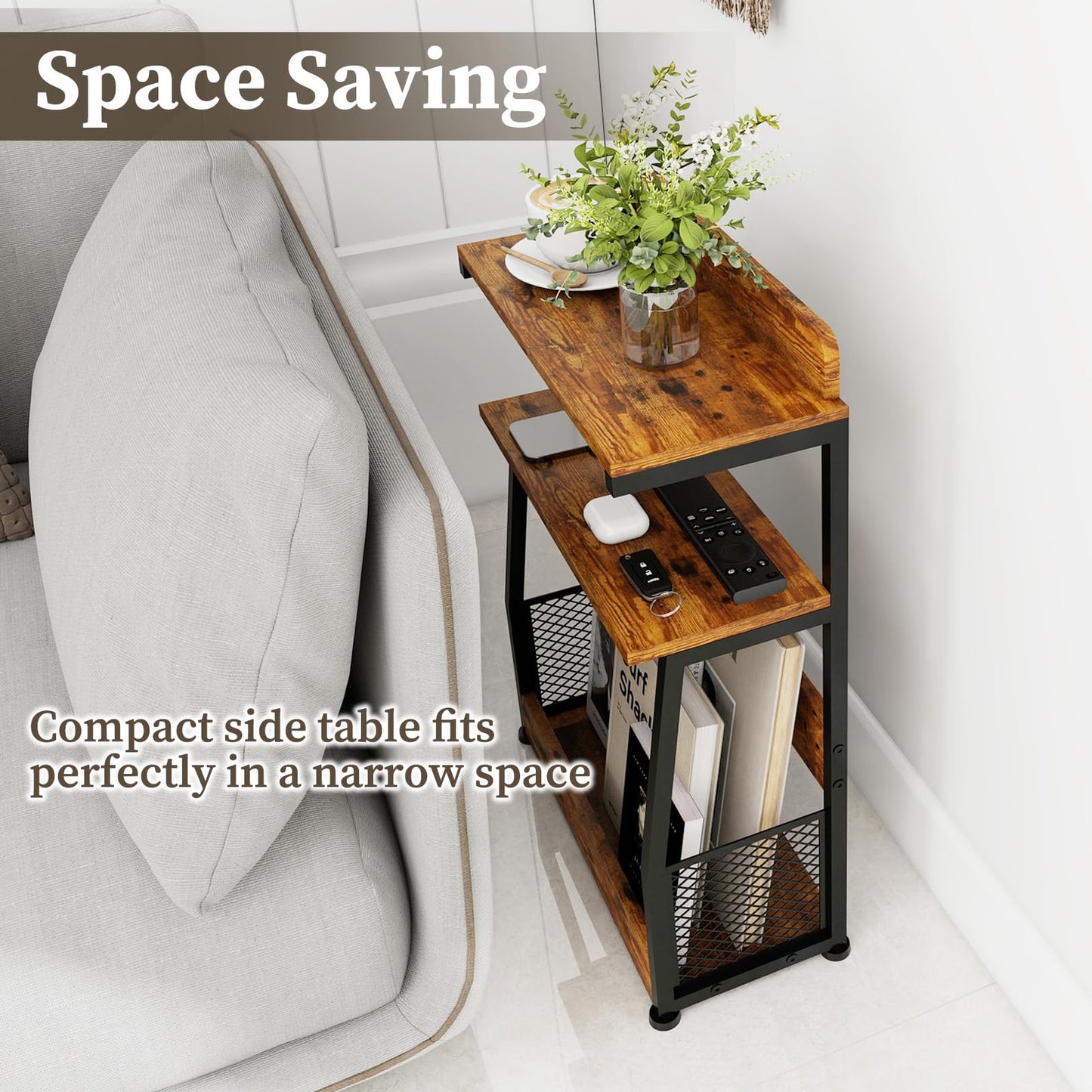 PUNCIA 3 Tier Slim End Table with Magazine Rack Retro