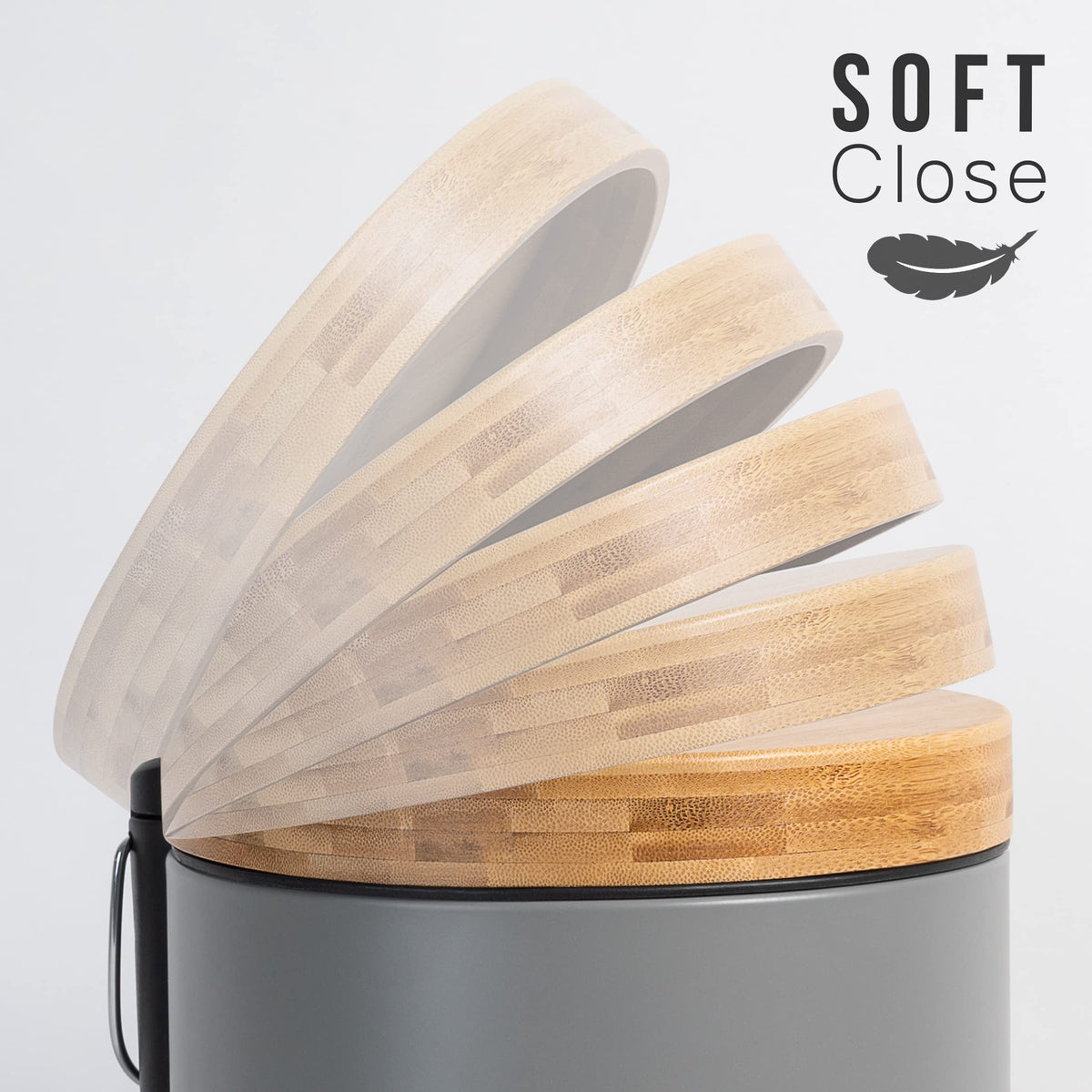 Kazai. 5L Designer Bathroom Bin | Superior Bamboo | Soft Closing | Anti-Finger | Grey