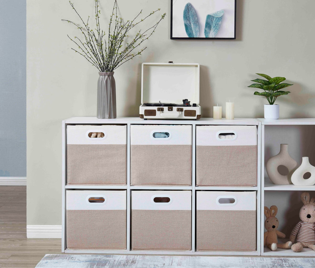 Mangata Cube Storage Boxes 25x25x25 cm, Fabric Storage Cube Baskets for Clothes Bins, Baskets, Chests,Toys (Lihgt Khaki White, 4Pcs)