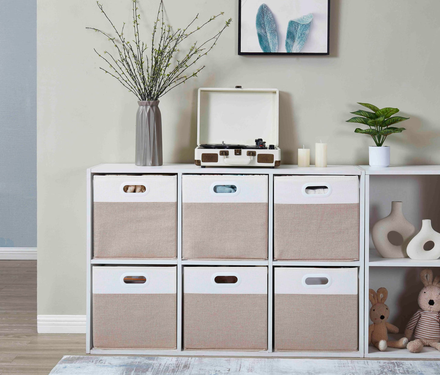 Mangata Cube Storage Boxes 33x38x33 cm, Large Fabric storage baskets for Kallax Box, Clothes Bins, Baskets, Chests,Toys (Lihgt Khaki White, 4Pcs)